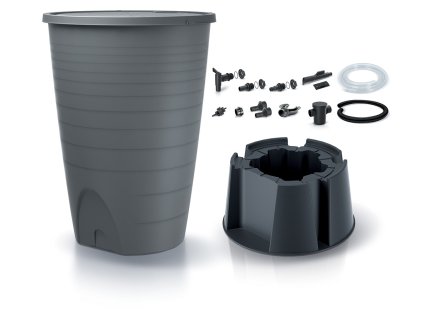 Sud na dešťovou vodu s podstavcem a příslušenstvím PERUNO SET světle šedý 260l