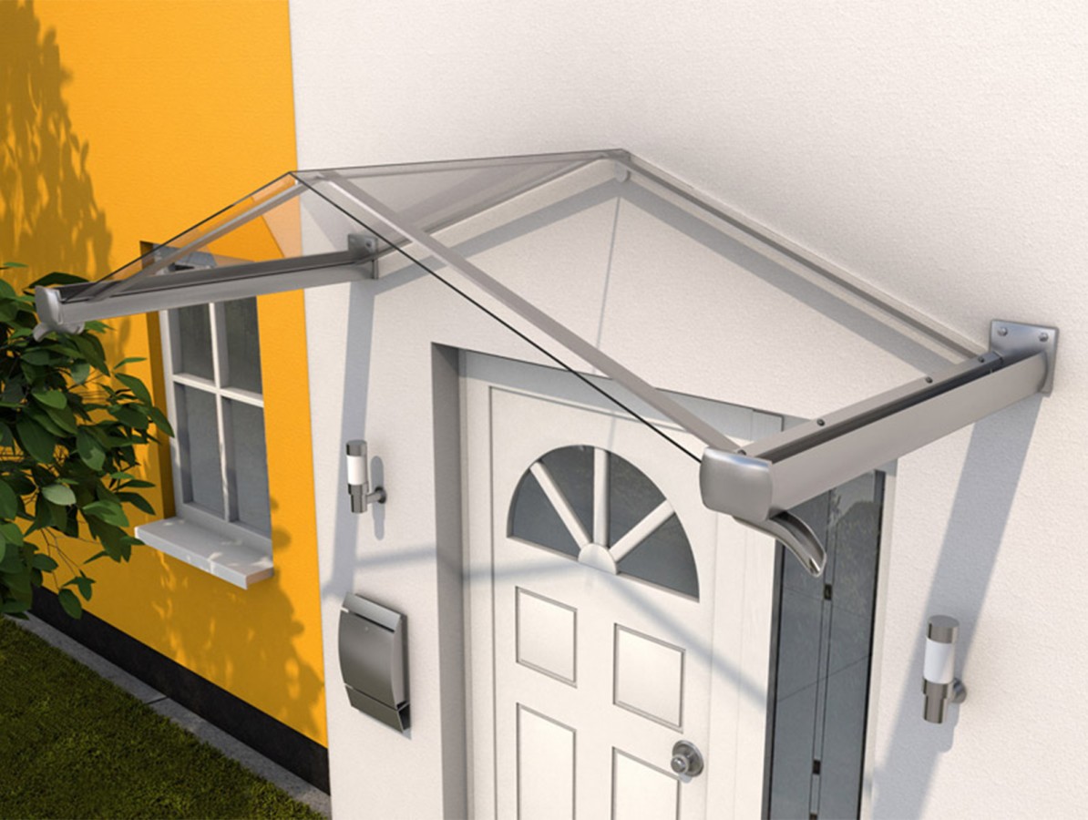 Vchodová stříška Guttavordach GV/T 160 x 90 cm ve stříbrné barvě s čirým polykarbonátem.