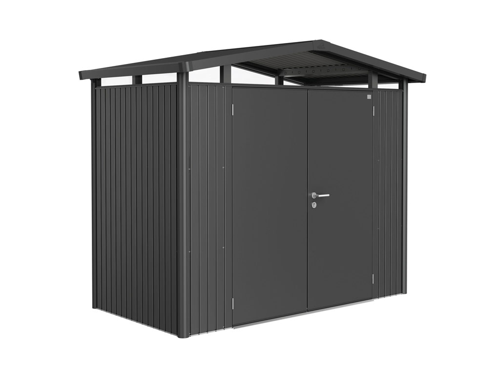 Domek na nářadí Biohort PANORAMA P1, tmavě šedý, dvoukřídlé dveře BH14029