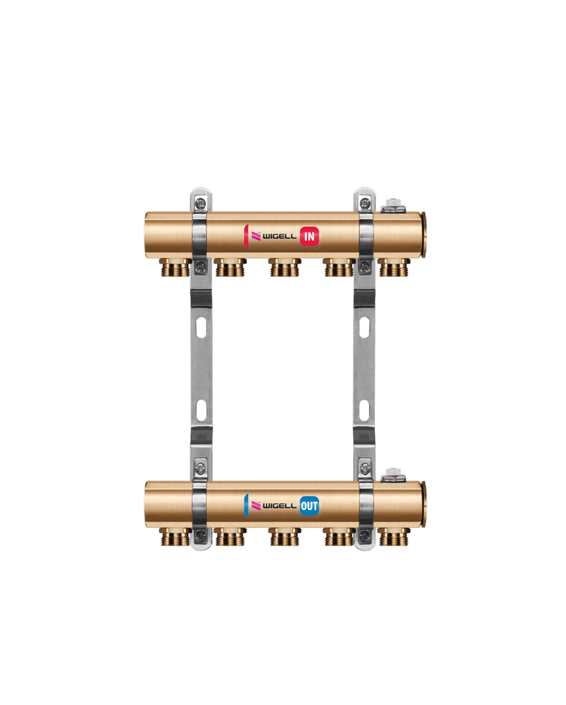 Wigell Rozdělovač radiátorový WIGELL, 16 okruhů, mosazný + vsuvky, odvzdušňování na klíč 8481.80.90
