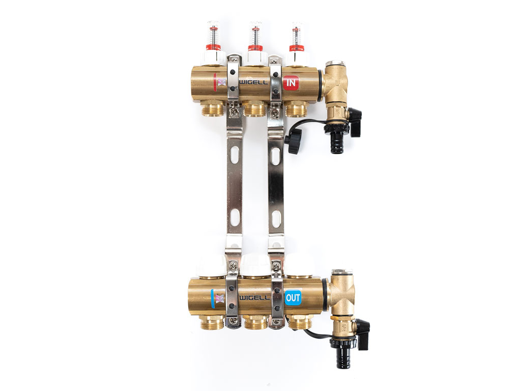 Wigell Podlahový rozdělovač WIGELL, 3 okruhy, mosazný + odvzdušňování na klíč 8481.80.90