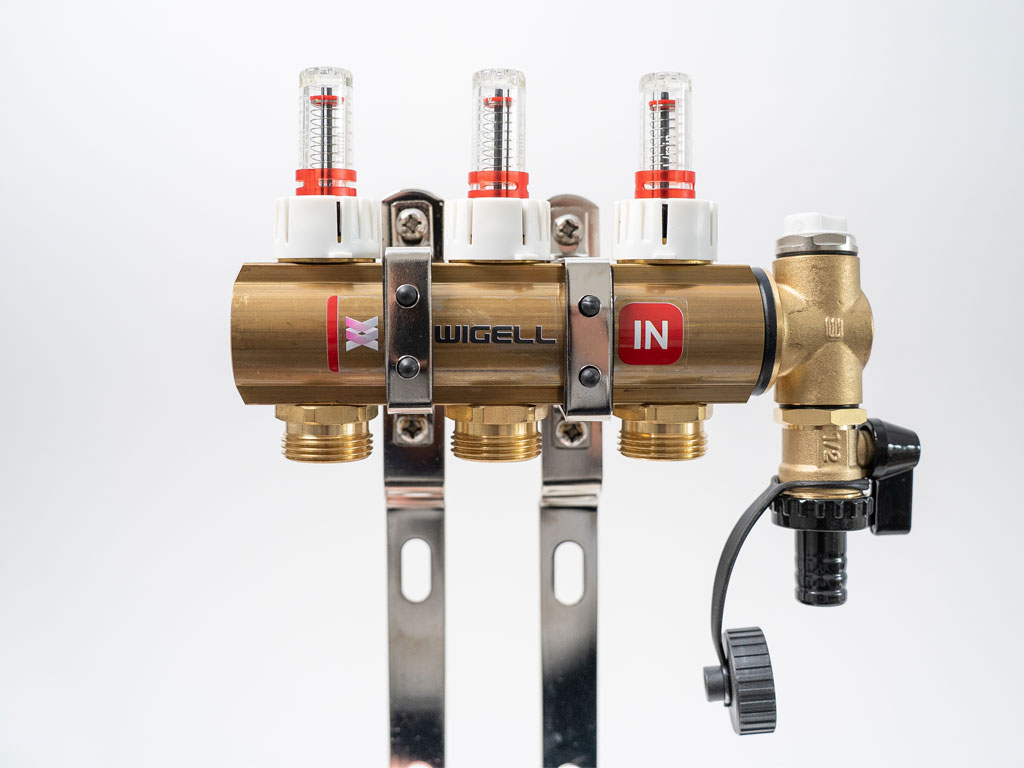 Wigell Podlahový rozdělovač WIGELL, 3 okruhy, mosazný + odvzdušňování na klíč 8481.80.90