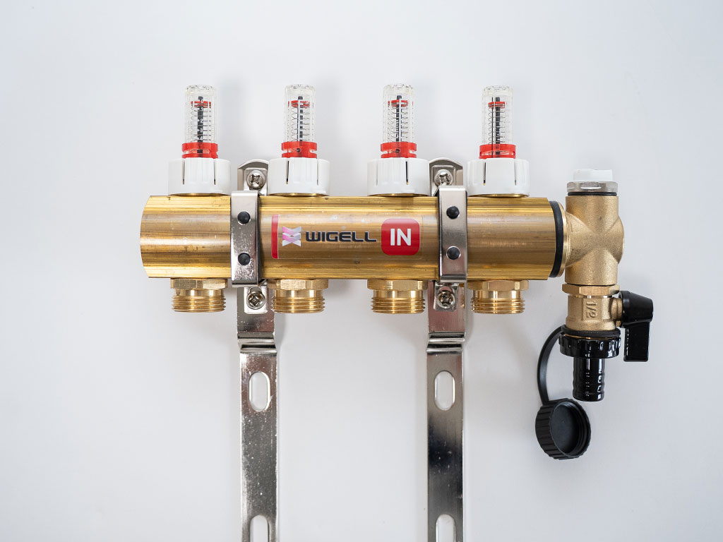 Wigell Podlahový rozdělovač WIGELL, 4 okruhy, mosazný + odvzdušňování na klíč 8481.80.90