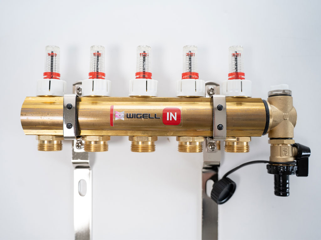 Wigell Podlahový rozdělovač WIGELL, 5 okruhů, mosazný + odvzdušňování na klíč 8481.80.90