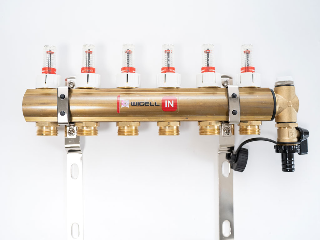 Wigell Podlahový rozdělovač WIGELL, 6 okruhů, mosazný + odvzdušňování na klíč 8481.80.90