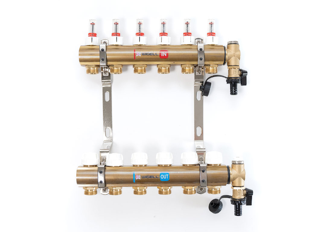 Wigell Podlahový rozdělovač WIGELL, 6 okruhů, mosazný + odvzdušňování na klíč 8481.80.90