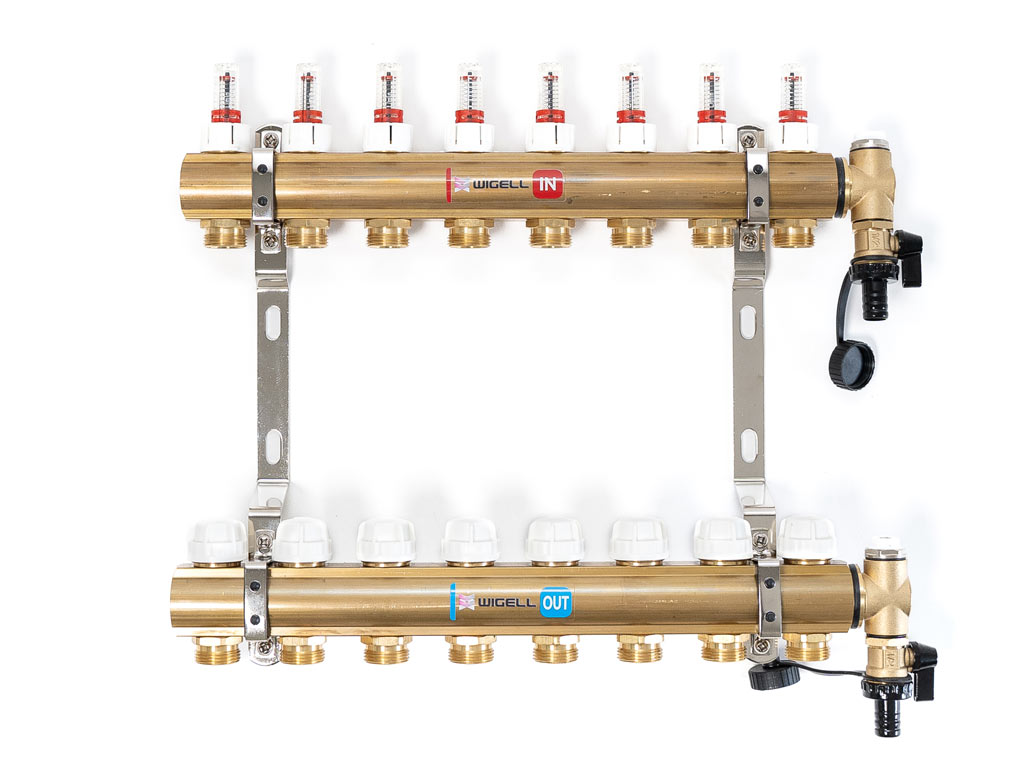 Wigell Podlahový rozdělovač WIGELL, 8 okruhů, mosazný + odvzdušňování na klíč 8481.80.90