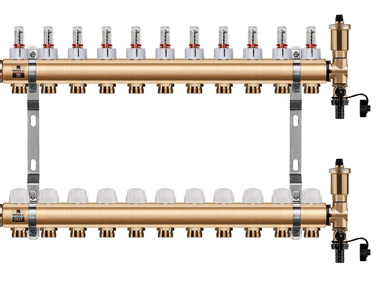 Wigell Podlahový rozdělovač WIGELL, 11 okruhů, mosazný + odvzdušňování na klíč 8481.80.90