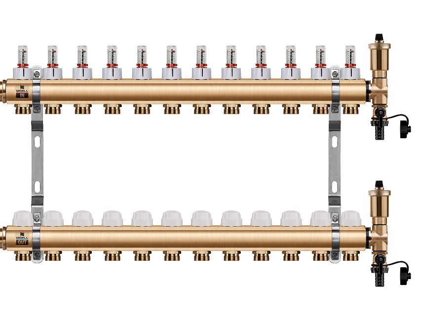 Wigell Podlahový rozdělovač WIGELL, 12 okruhů, mosazný + odvzdušňování na klíč 8481.80.90
