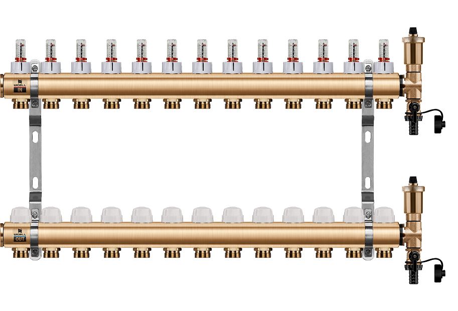 Wigell Podlahový rozdělovač WIGELL, 13 okruhů, mosazný + odvzdušňování na klíč 8481.80.90