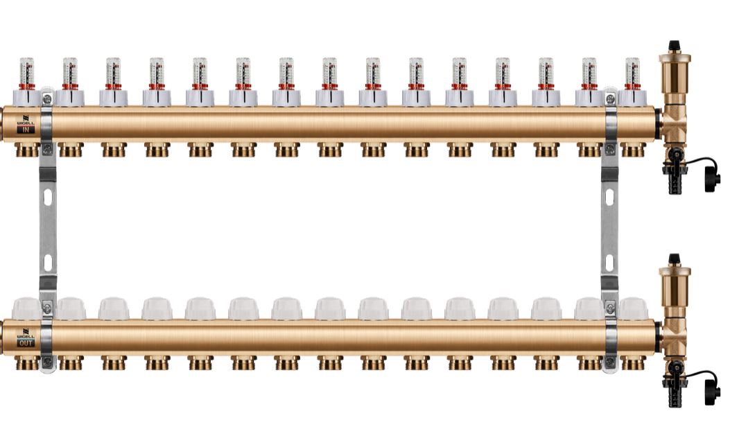 Wigell Podlahový rozdělovač WIGELL, 15 okruhů, mosazný + odvzdušňování na klíč 8481.80.90