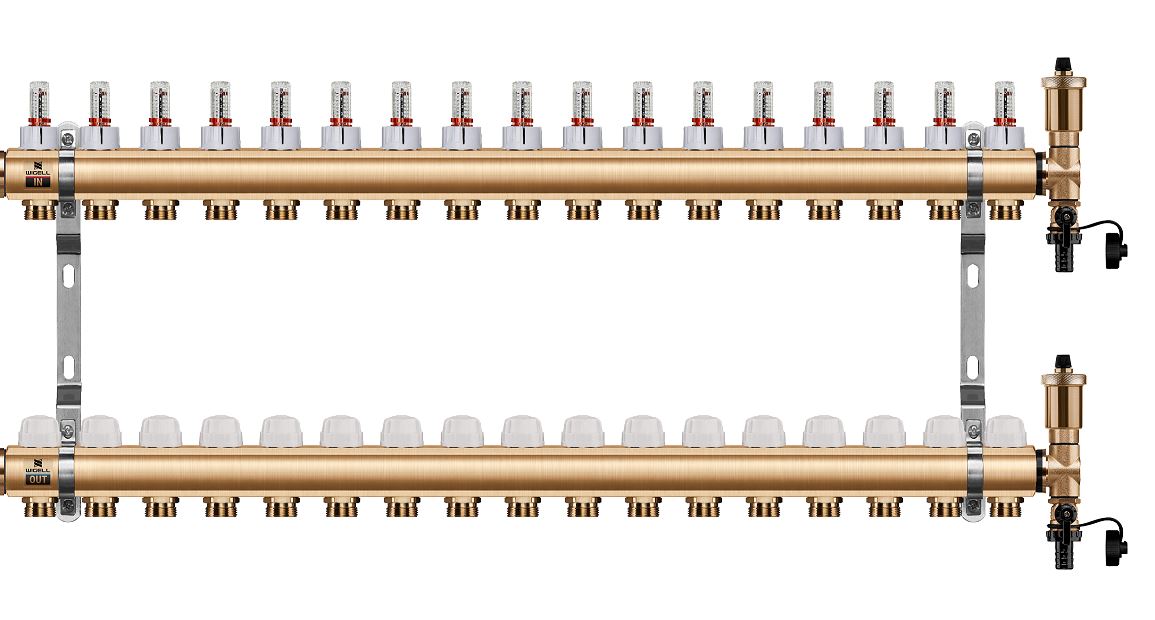 Wigell Podlahový rozdělovač WIGELL, 17 okruhů, mosazný + odvzdušňování na klíč 8481.80.90