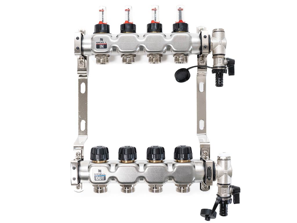 Wigell Podlahový rozdělovač WIGELL, 4 okruhy, nerez + odvzdušňování na klíč 8481.80.90