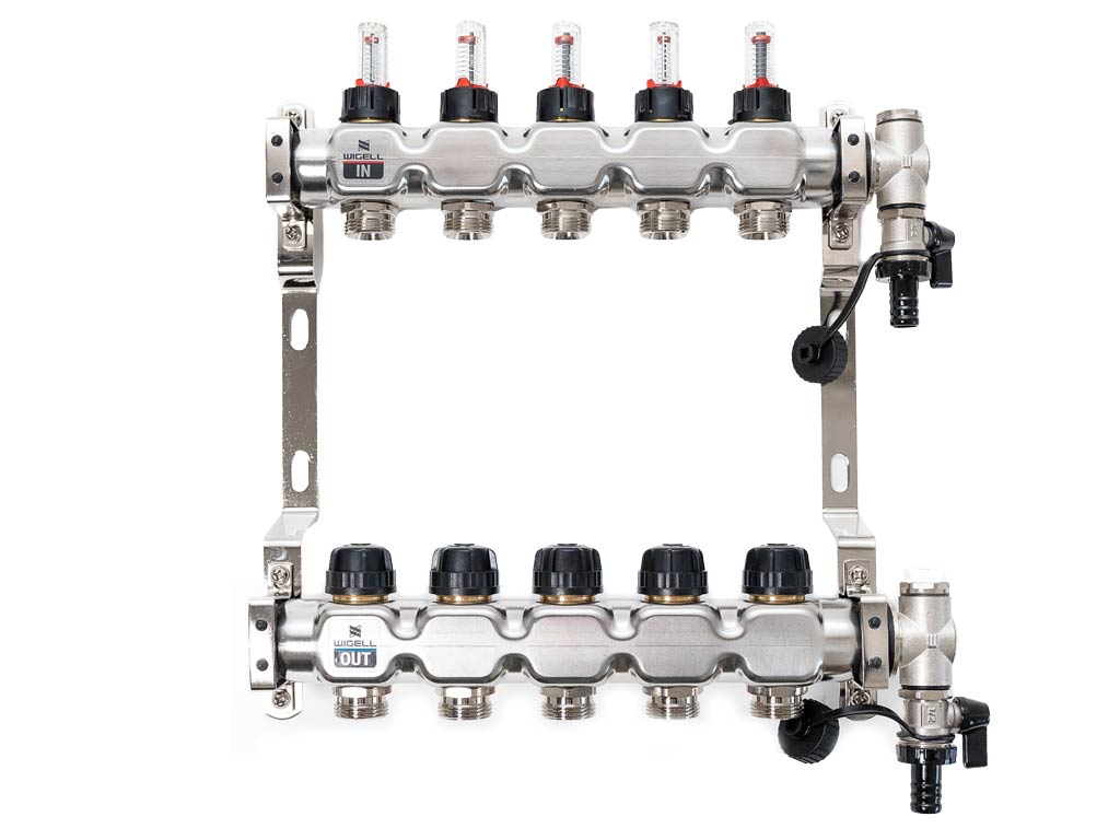 Wigell Podlahový rozdělovač WIGELL, 5 okruhů, nerez + odvzdušňování na klíč 8481.80.90