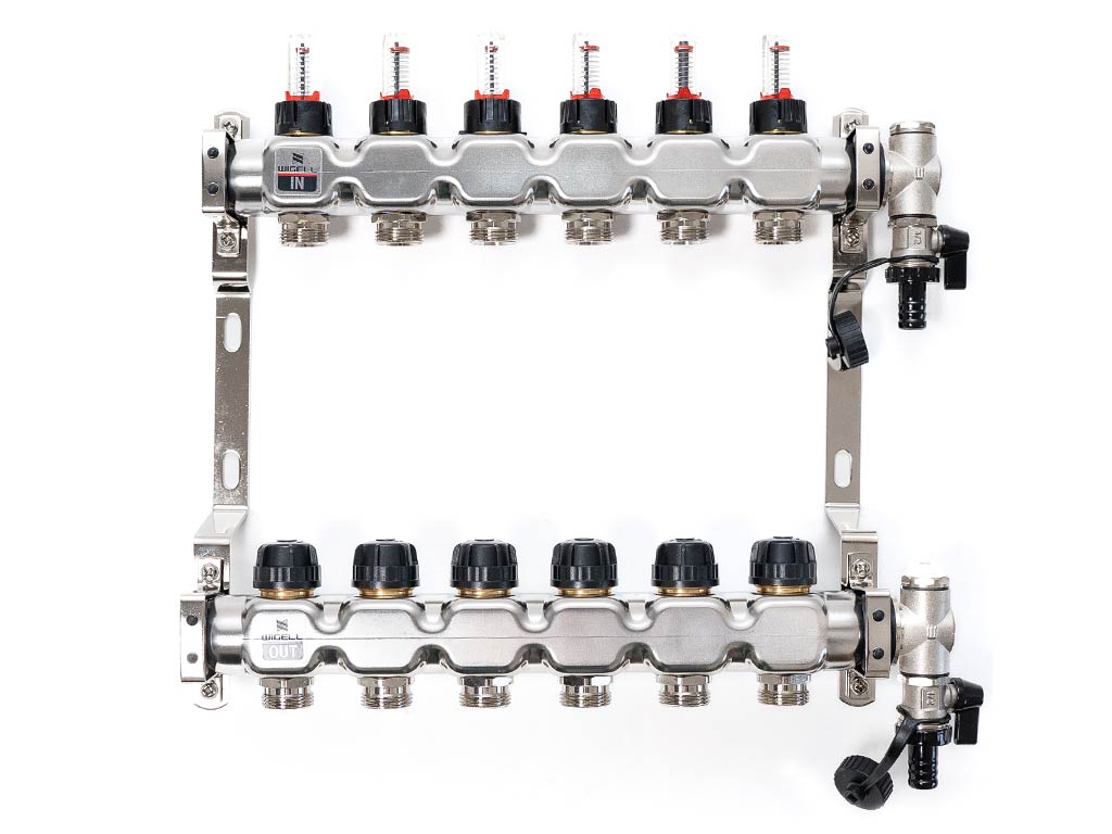 Nerezový podlahový rozdělovač Wigell s 6 okruhy a odvzdušněním na klíč.