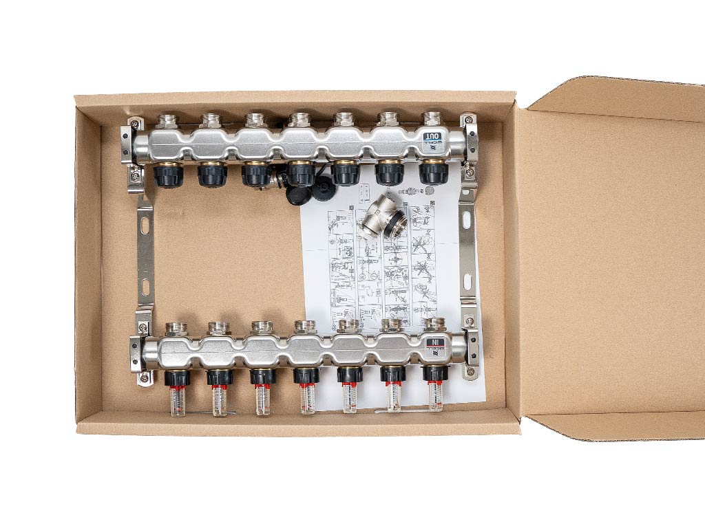 Wigell Podlahový rozdělovač WIGELL, 7 okruhů, nerez + odvzdušňování na klíč 8481.80.90