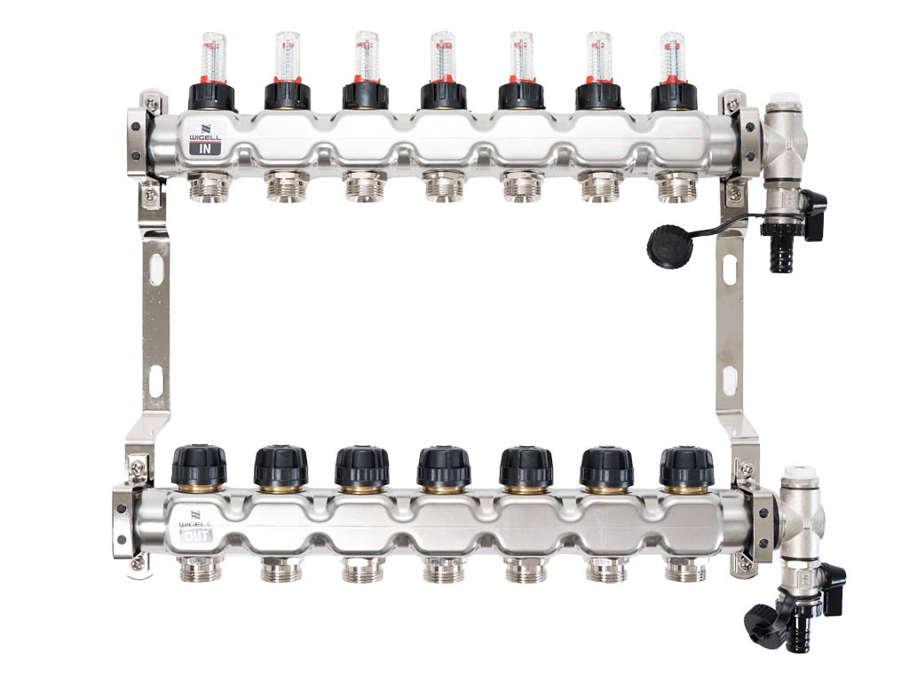 Wigell Podlahový rozdělovač WIGELL, 7 okruhů, nerez + odvzdušňování na klíč 8481.80.90