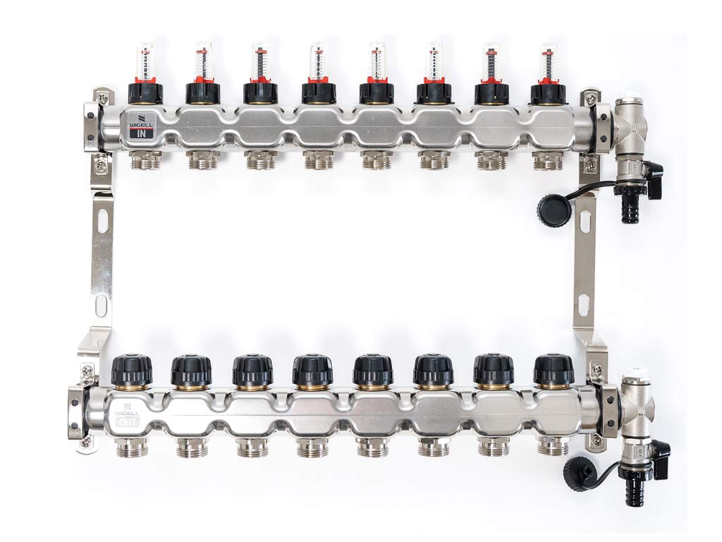 Wigell Podlahový rozdělovač WIGELL, 8 okruhů, nerez + odvzdušňování na klíč 8481.80.90