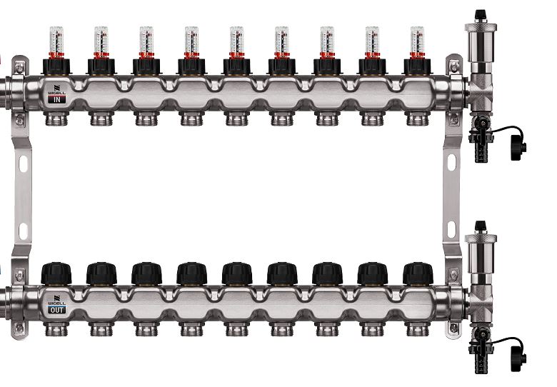 Wigell Podlahový rozdělovač WIGELL, 9 okruhů, nerez + odvzdušňování na klíč 8481.80.90