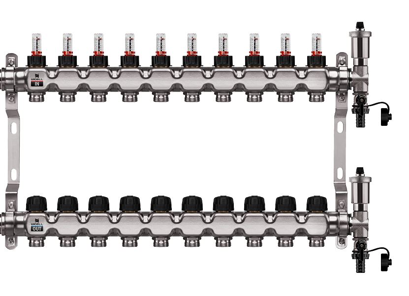 Wigell Podlahový rozdělovač WIGELL, 10 okruhů, nerez + odvzdušňování na klíč 8481.80.90