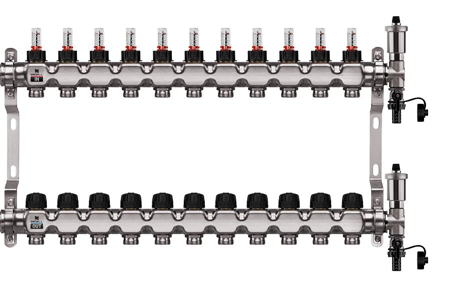 Wigell Podlahový rozdělovač WIGELL, 11 okruhů, nerez + odvzdušňování na klíč 8481.80.90