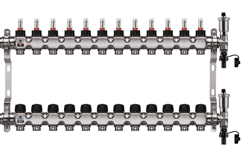 Wigell Podlahový rozdělovač WIGELL, 12 okruhů, nerez + odvzdušňování na klíč 8481.80.90