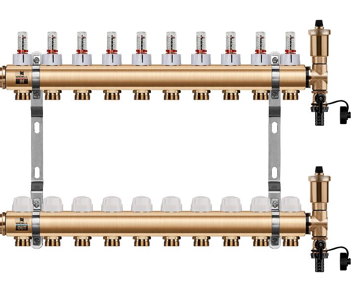Wigell Podlahový rozdělovač WIGELL, 10 okruhů, mosazný + automatické odvzdušňování 8481.80.90