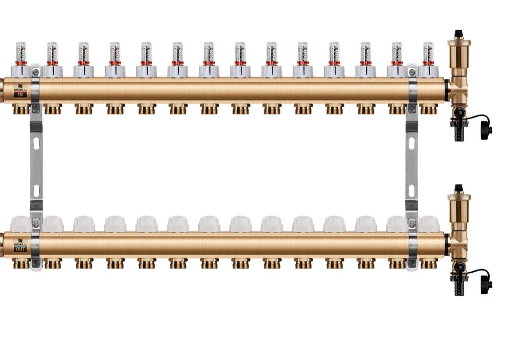 Wigell Podlahový rozdělovač WIGELL, 14 okruhů, mosazný + automatické odvzdušňování