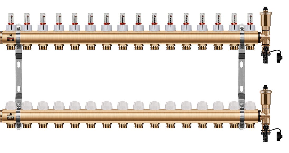 Wigell Podlahový rozdělovač WIGELL, 16 okruhů, mosazný + automatické odvzdušňování