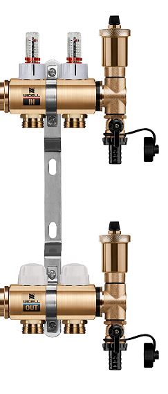 Wigell Podlahový rozdělovač WIGELL, 2 okruhy, mosazný + automatické odvzdušňování