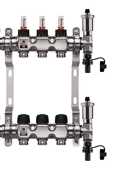 Wigell Podlahový rozdělovač WIGELL, 3 okruhy, nerez + automatické odvzdušňování