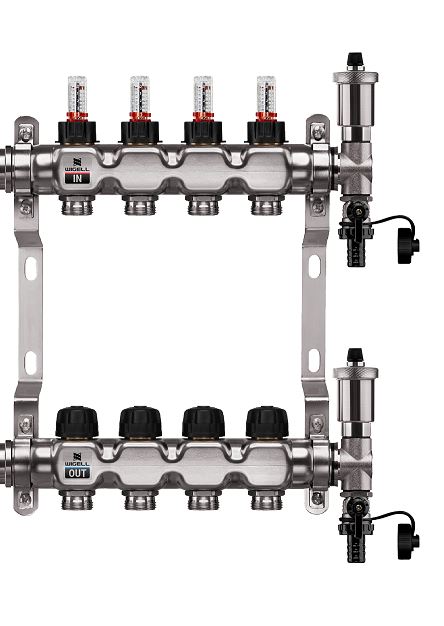 Wigell Podlahový rozdělovač WIGELL, 4 okruhy, nerez + automatické odvzdušňování