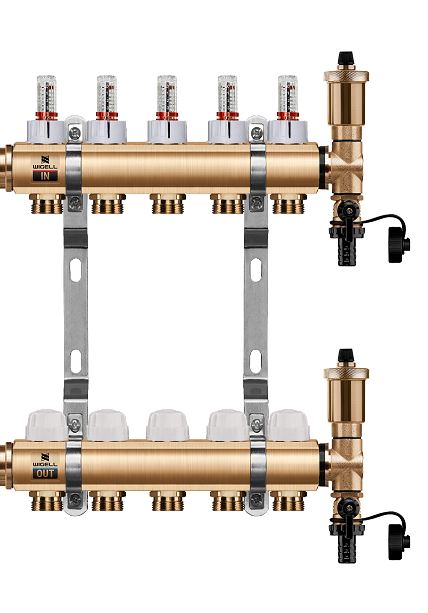 Wigell Podlahový rozdělovač WIGELL, 5 okruhů, mosazný + automatické odvzdušňování 8481.80.90