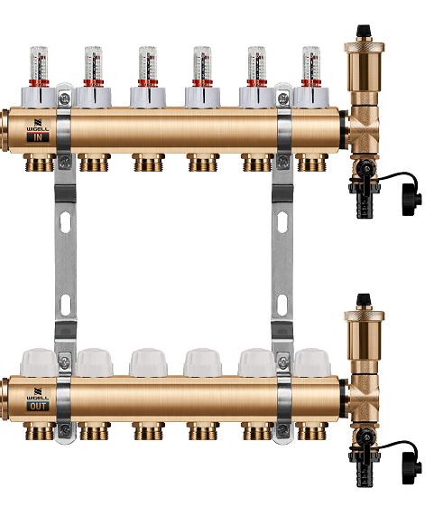 Wigell Podlahový rozdělovač WIGELL, 6 okruhů, mosazný + automatické odvzdušňování