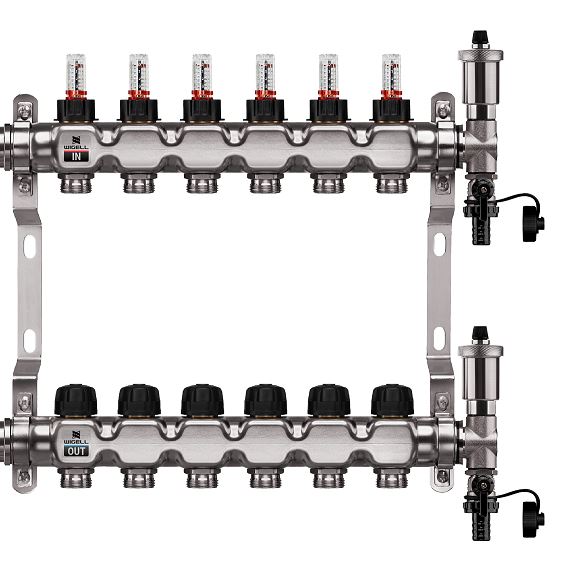 Wigell Podlahový rozdělovač WIGELL, 6 okruhů, nerez + automatické odvzdušňování 8481.80.90