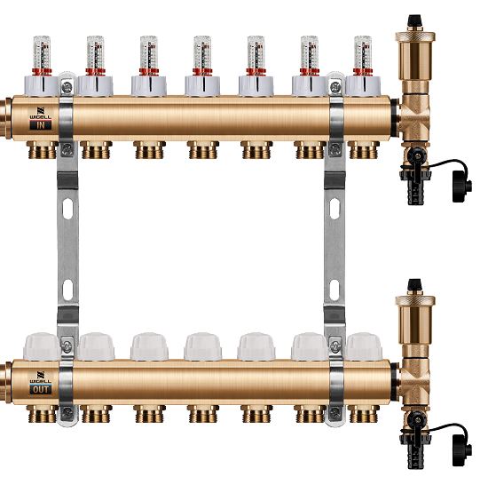 Wigell Podlahový rozdělovač WIGELL, 7 okruhů, mosazný + automatické odvzdušňování
