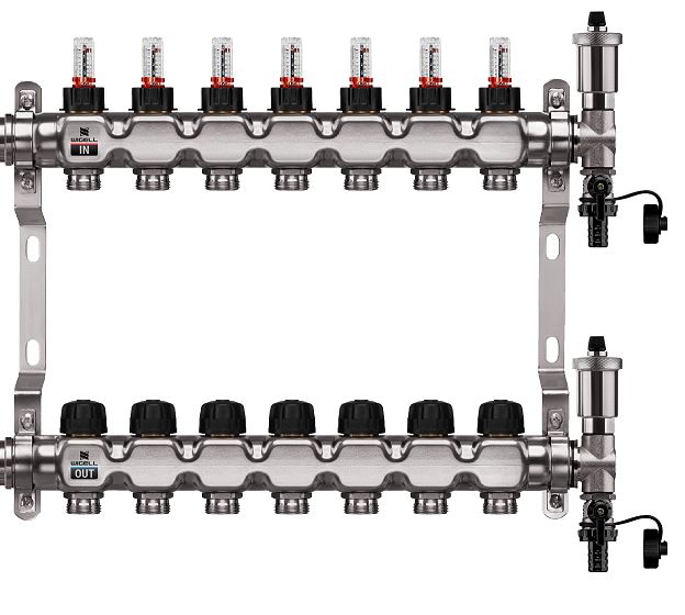 Wigell Podlahový rozdělovač WIGELL, 7 okruhů, nerez + automatické odvzdušňování