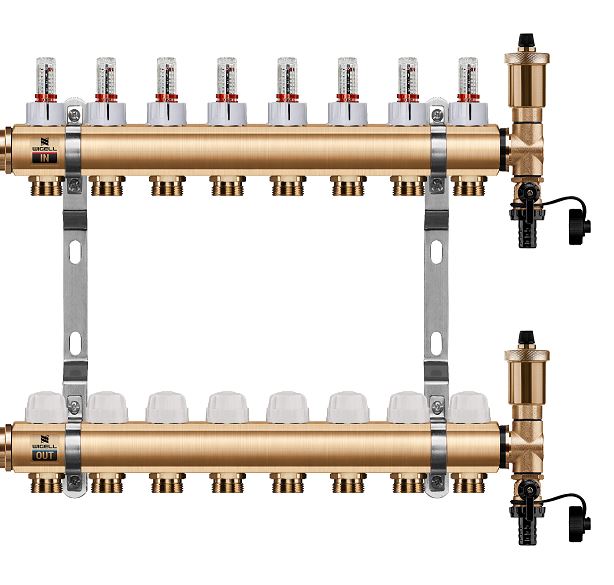 Wigell Podlahový rozdělovač WIGELL, 8 okruhů, mosazný + automatické odvzdušňování
