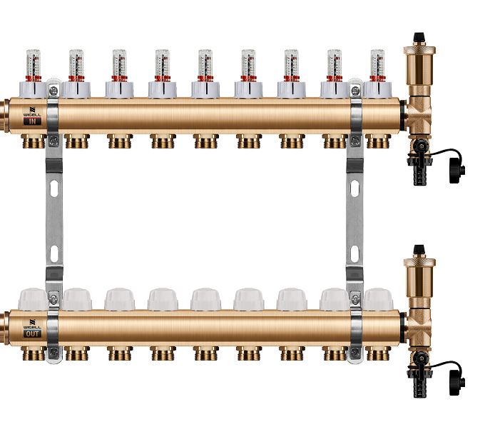 Wigell Podlahový rozdělovač WIGELL, 9 okruhů, mosazný + automatické odvzdušňování