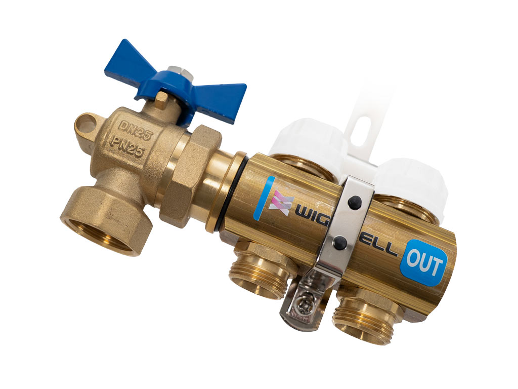 Wigell Ventil kulový rohový, se šroubením 1″ a těsněním + příprava na teploměr (pár) 3920.10.00