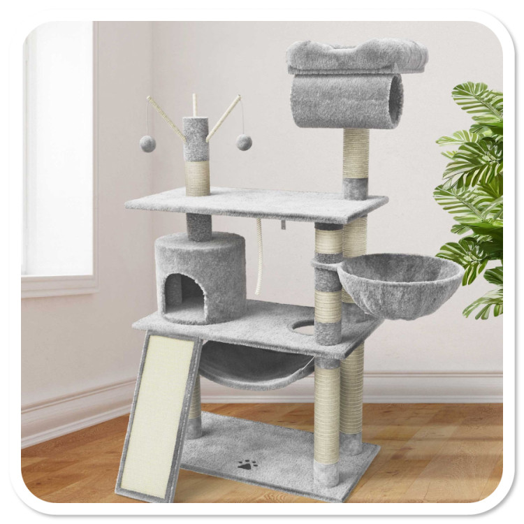 Agrofortel Škrabadlo pro kočky s více úrovněmi a hračkami - EMMA Light Grey, 75 x 140 x 40 cm