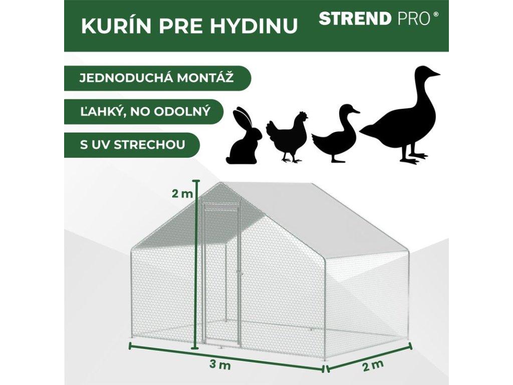Venkovní výběh Strend Pro pro drůbež, voliéra, klec, kurník, se střechou, 3 x 2 x 2 m