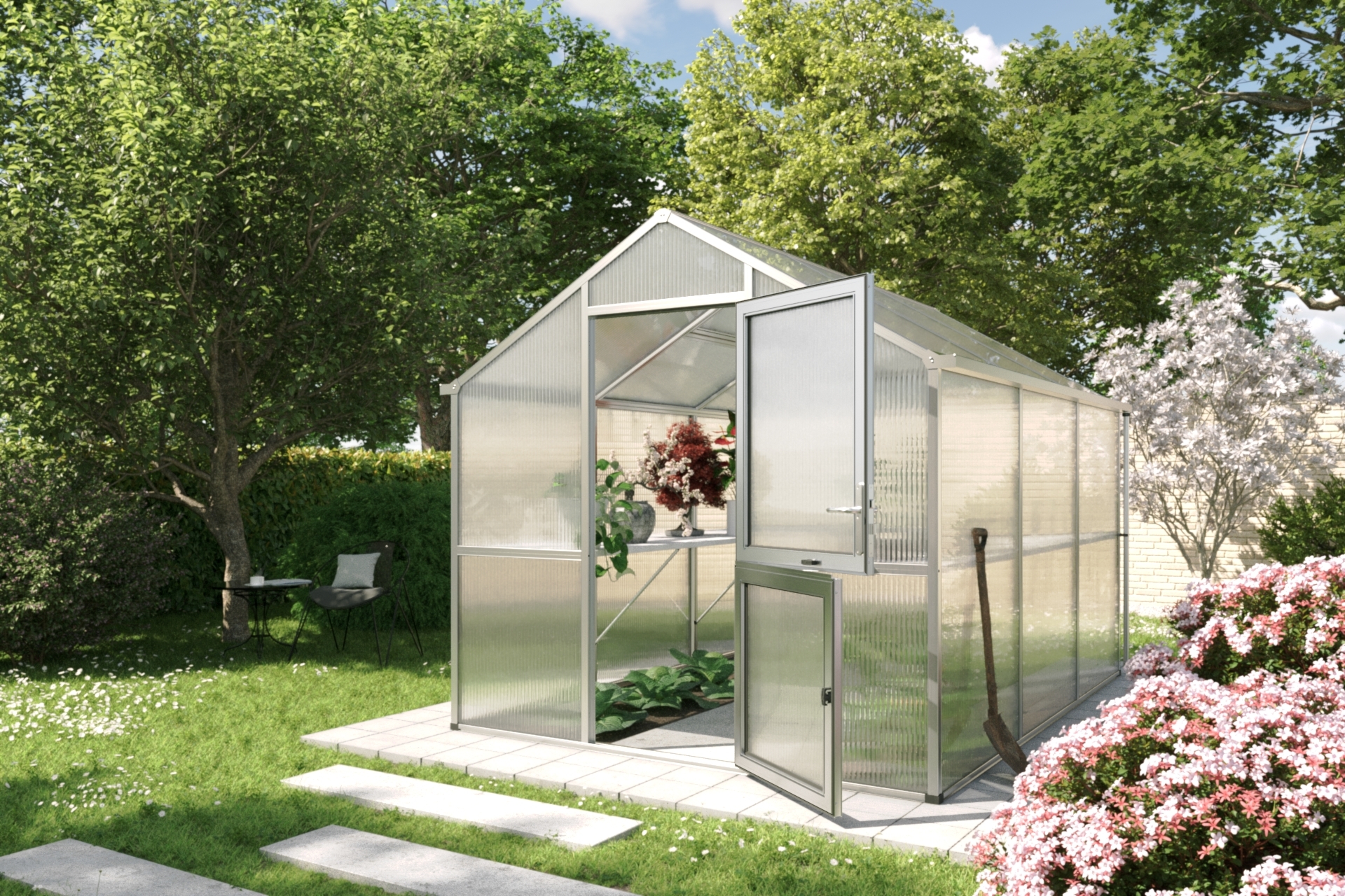 Zahradní skleník KGT Iris III 3,2 x 2,3 m, šedá hliník